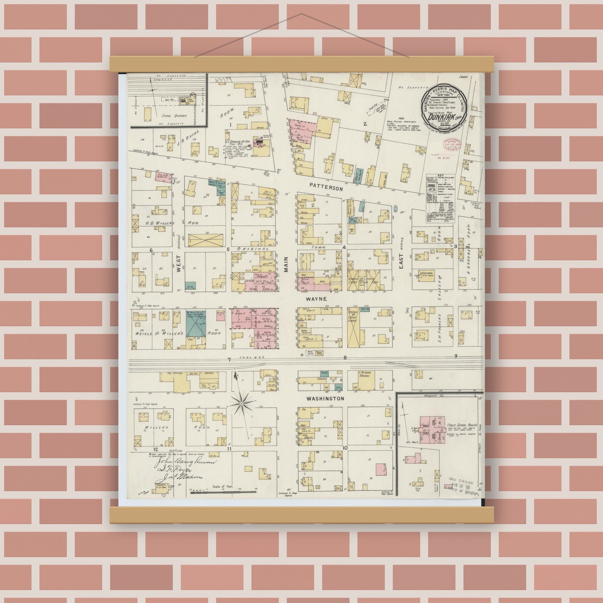Old map wall art mockup — magnetic wood frame on brick wall — Sanborn Fire Insurance Map from Dunkirk, Hardin County, Ohio (1895), Sheet #0001