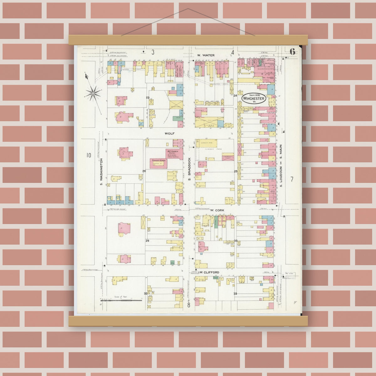 Old map wall art mockup — magnetic wood frame on brick wall — Sanborn Fire Insurance Map from Winchester, Independent Cities, Virginia (1908), Sheet #0006