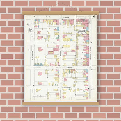 Old map wall art mockup — magnetic wood frame on brick wall — Sanborn Fire Insurance Map from Winchester, Independent Cities, Virginia (1908), Sheet #0006