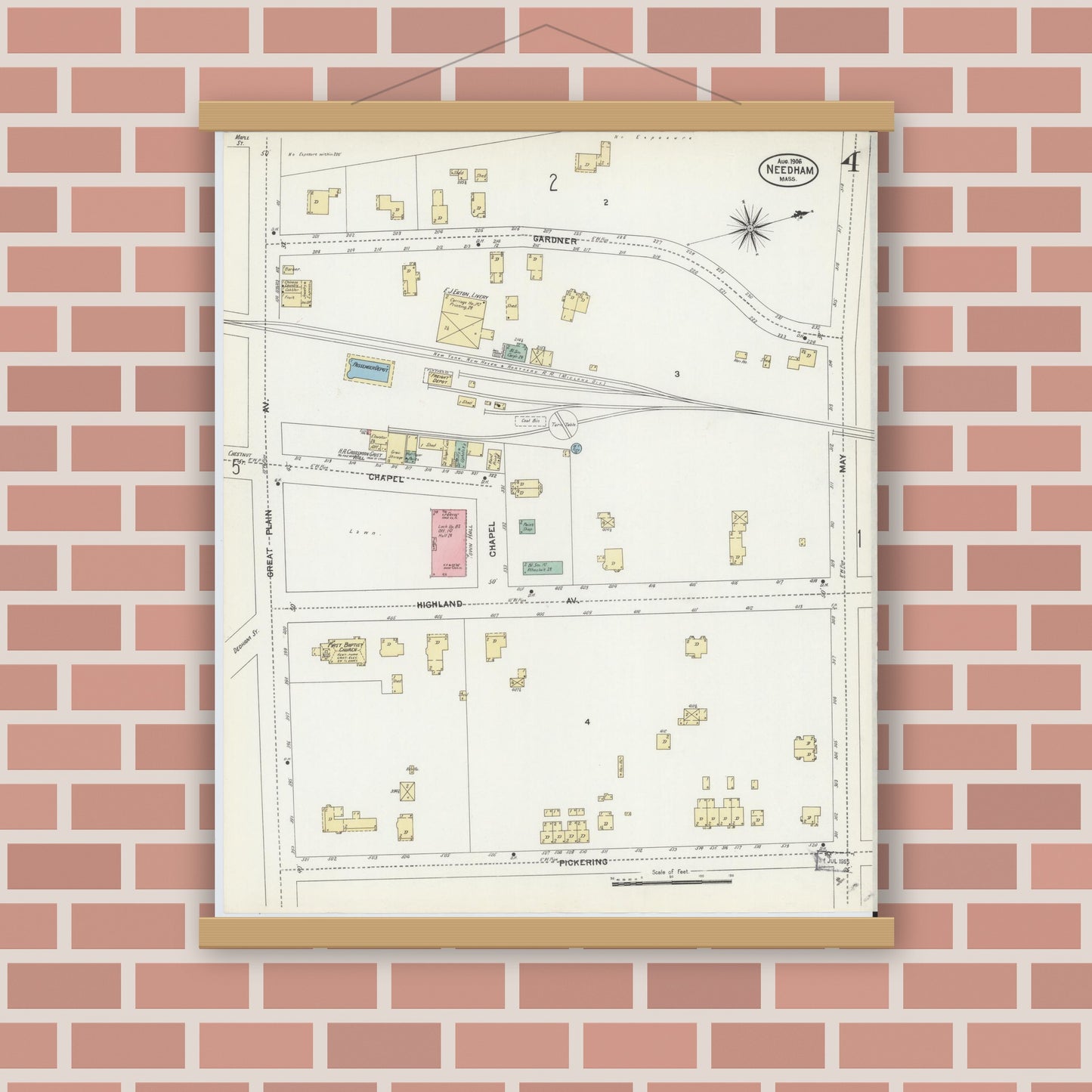 Old map wall art mockup — magnetic wood frame on brick wall — Sanborn Fire Insurance Map from Needham, Norfolk County, Massachusetts (1906), Sheet #0004