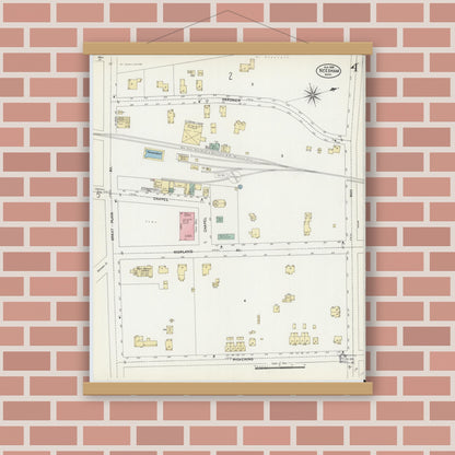 Old map wall art mockup — magnetic wood frame on brick wall — Sanborn Fire Insurance Map from Needham, Norfolk County, Massachusetts (1906), Sheet #0004