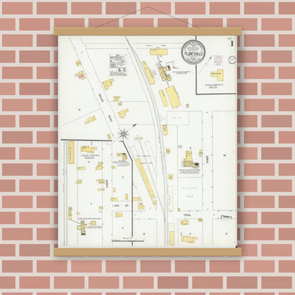 Old map wall art mockup — magnetic wood frame on brick wall — Sanborn Fire Insurance Map from Floresville, Wilson County, Texas (1902), Sheet #0001