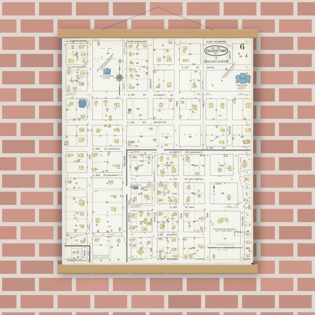 Old map wall art mockup — magnetic wood frame on brick wall — Sanborn Fire Insurance Map from Georgetown, Williamson County, Texas (1916), Sheet #0006