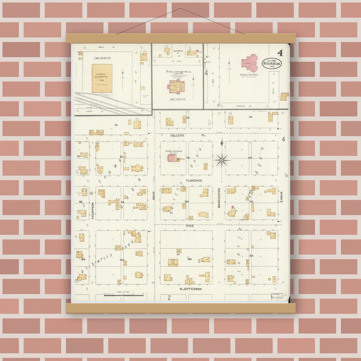 Old map wall art mockup — magnetic wood frame on brick wall — Sanborn Fire Insurance Map from Bourbon, Marshall County, Indiana (1905), Sheet #0004