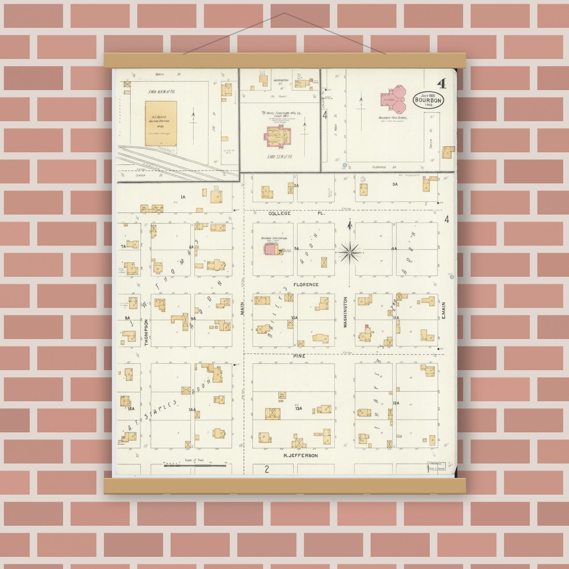 Old map wall art mockup — magnetic wood frame on brick wall — Sanborn Fire Insurance Map from Bourbon, Marshall County, Indiana (1905), Sheet #0004