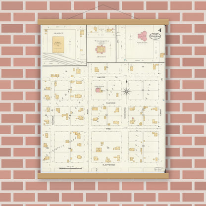 Old map wall art mockup — magnetic wood frame on brick wall — Sanborn Fire Insurance Map from Bourbon, Marshall County, Indiana (1905), Sheet #0004