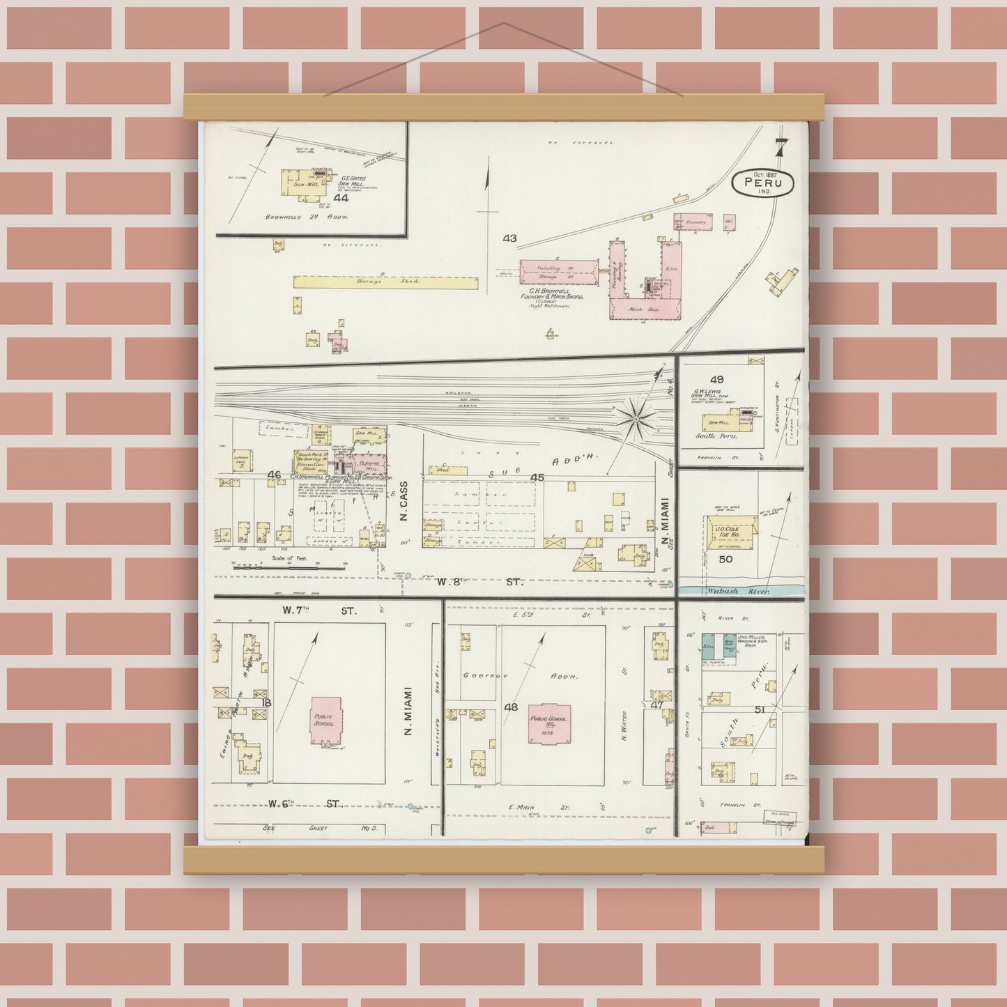 Old map wall art mockup — magnetic wood frame on brick wall — Sanborn Fire Insurance Map from Peru, Miami County, Indiana (1887), Sheet #0007