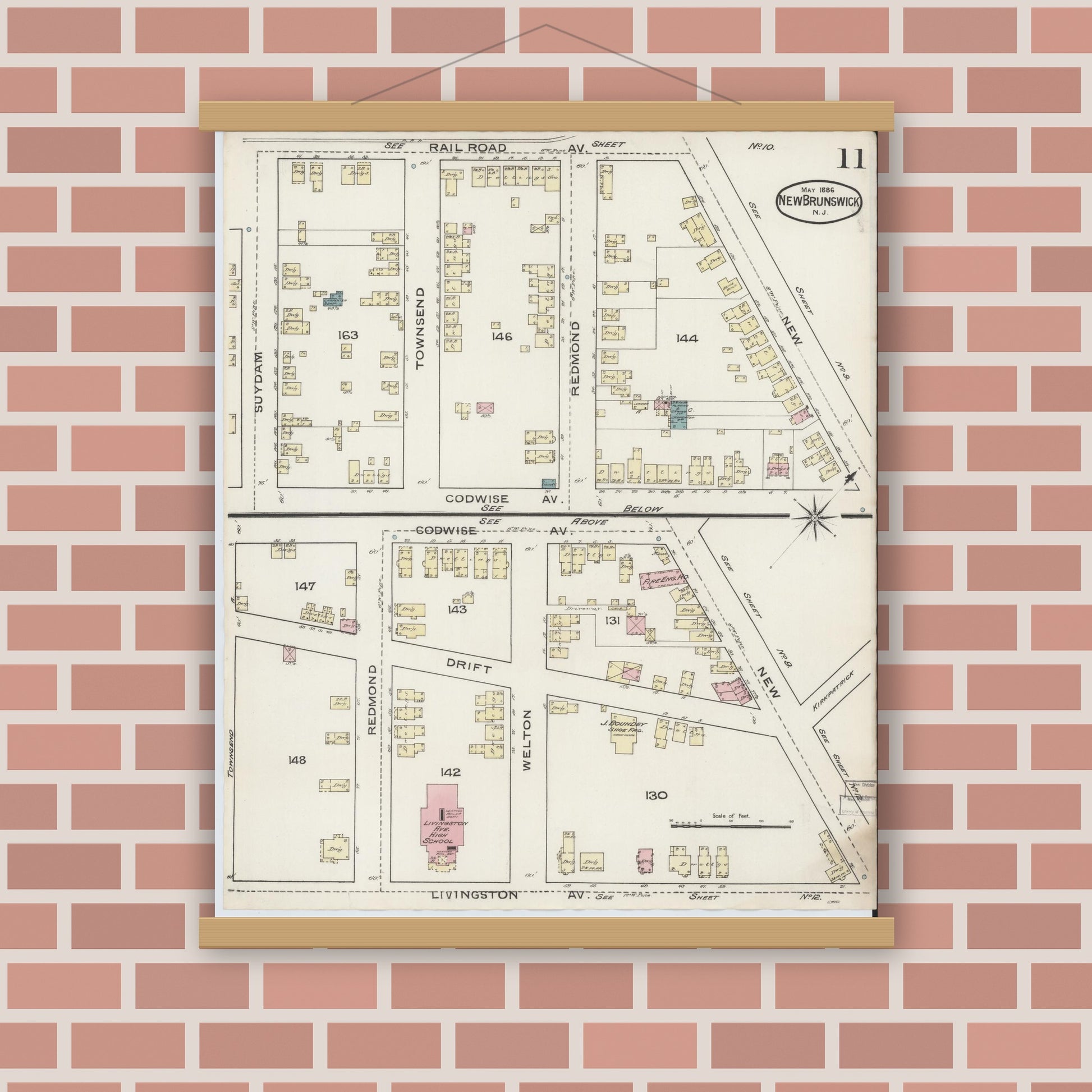 Old map wall art mockup — magnetic wood frame on brick wall — Sanborn Fire Insurance Map from New Brunswick, Middlesex County, New Jersey (1886), Sheet #0011