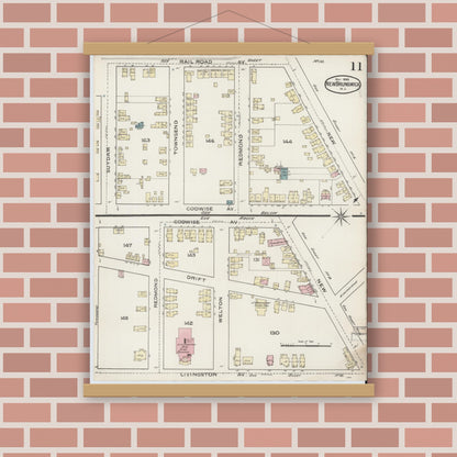 Old map wall art mockup — magnetic wood frame on brick wall — Sanborn Fire Insurance Map from New Brunswick, Middlesex County, New Jersey (1886), Sheet #0011