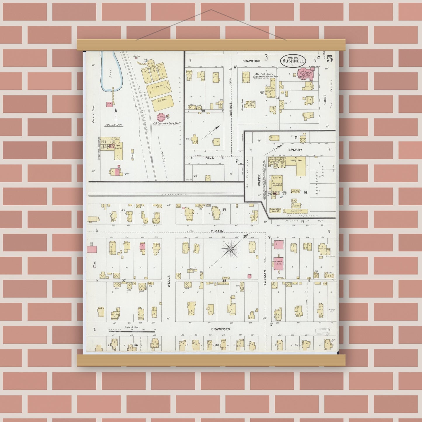 Old map wall art mockup — magnetic wood frame on brick wall — Sanborn Fire Insurance Map from Bushnell, Mcdonough County, Illinois (1906), Sheet #0005