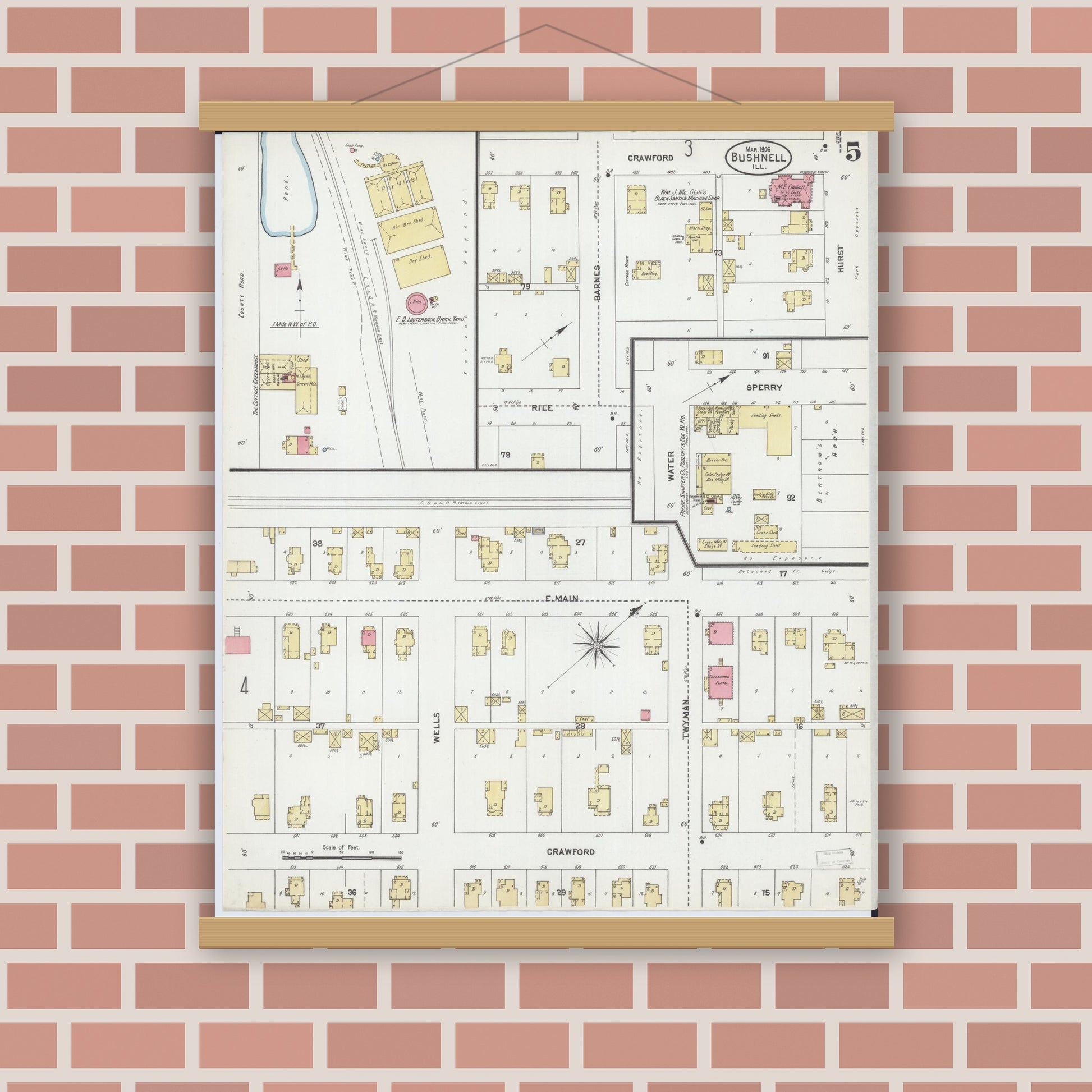 Old map wall art mockup — magnetic wood frame on brick wall — Sanborn Fire Insurance Map from Bushnell, Mcdonough County, Illinois (1906), Sheet #0005