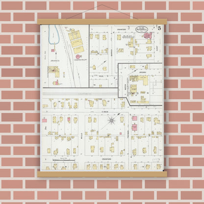 Old map wall art mockup — magnetic wood frame on brick wall — Sanborn Fire Insurance Map from Bushnell, Mcdonough County, Illinois (1906), Sheet #0005