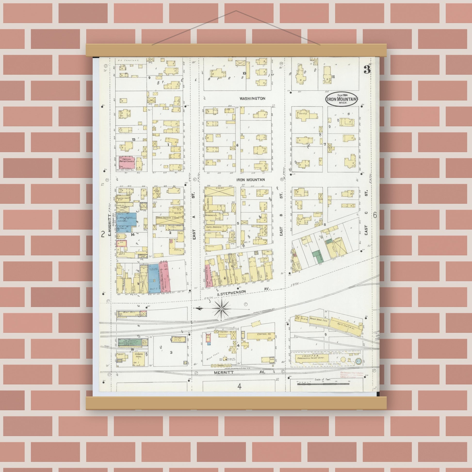 Old map wall art mockup — magnetic wood frame on brick wall — Sanborn Fire Insurance Map from Iron Mountain, Dickinson County, Michigan (1904), Sheet #0003