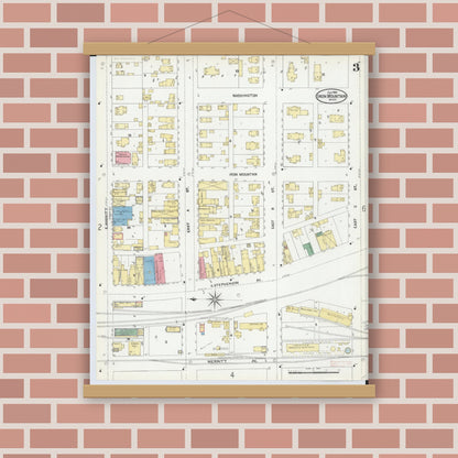 Old map wall art mockup — magnetic wood frame on brick wall — Sanborn Fire Insurance Map from Iron Mountain, Dickinson County, Michigan (1904), Sheet #0003