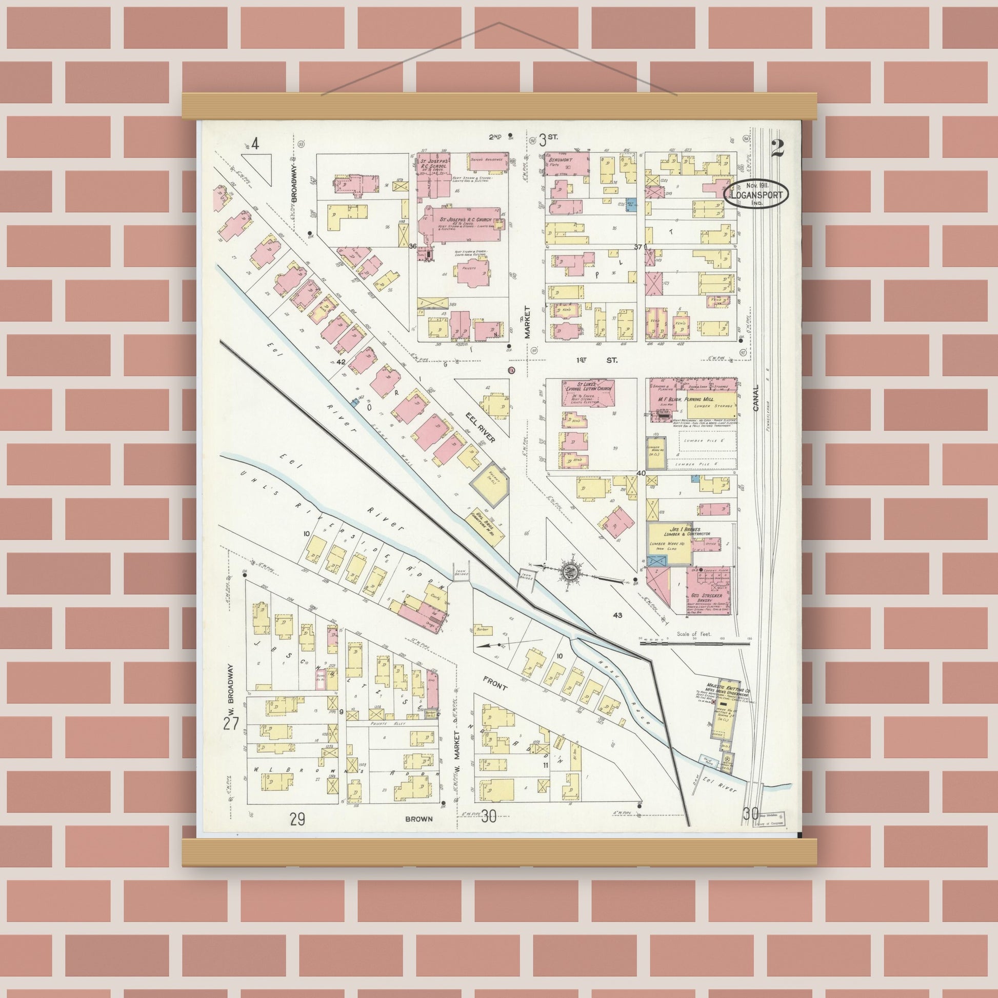 Old map wall art mockup — magnetic wood frame on brick wall — Sanborn Fire Insurance Map from Logansport, Cass County, Indiana (1911), Sheet #0002