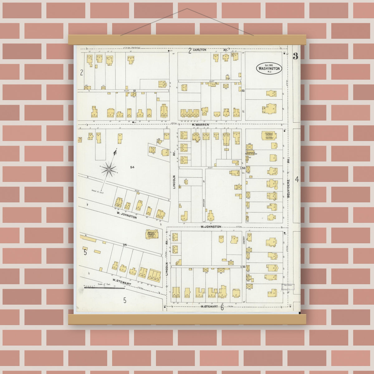 Old map wall art mockup — magnetic wood frame on brick wall — Sanborn Fire Insurance Map from Washington, Warren County, New Jersey (1902), Sheet #0003