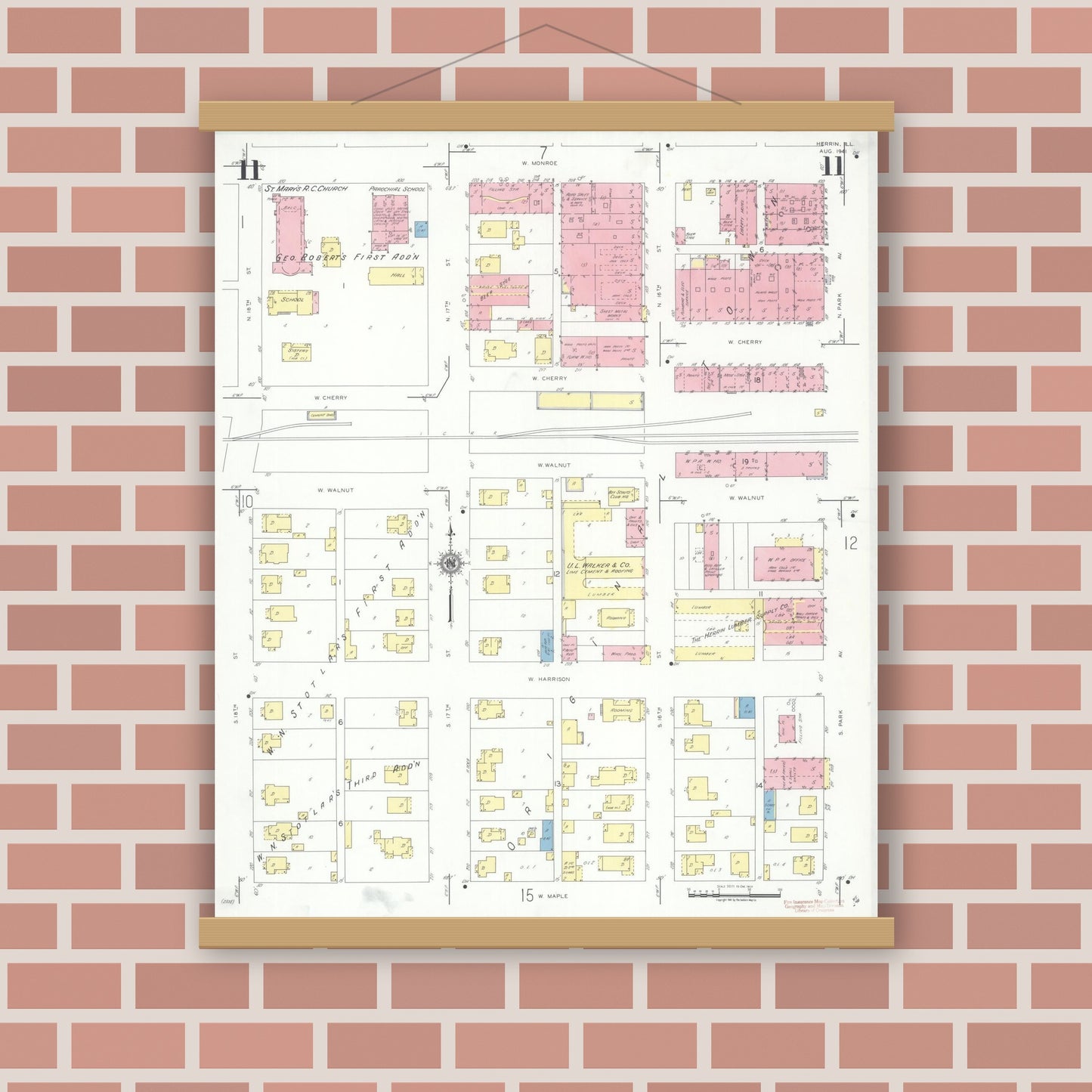 Old map wall art mockup — magnetic wood frame on brick wall — Sanborn Fire Insurance Map from Herrin, Williamson County, Illinois (1941), Sheet #0011