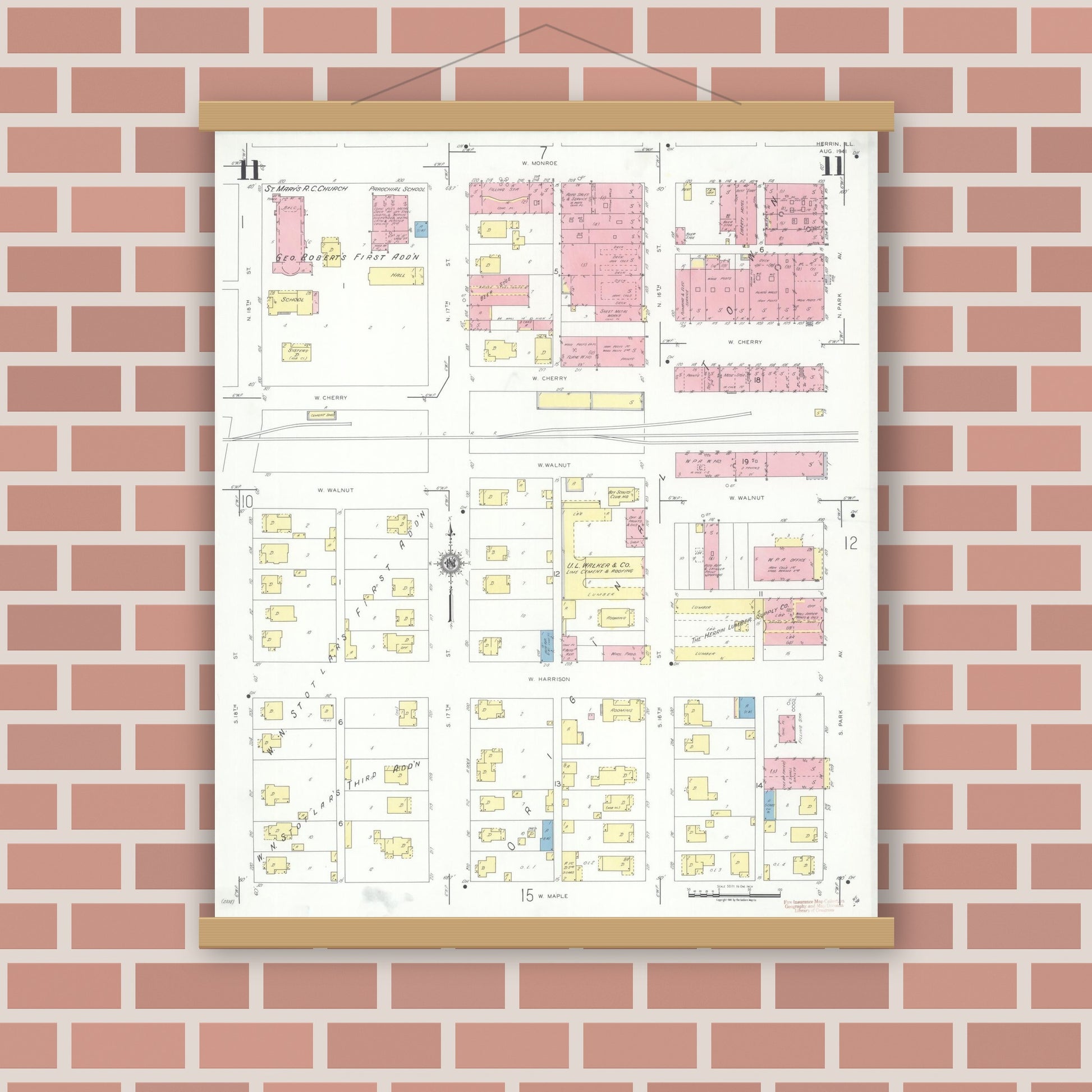 Old map wall art mockup — magnetic wood frame on brick wall — Sanborn Fire Insurance Map from Herrin, Williamson County, Illinois (1941), Sheet #0011