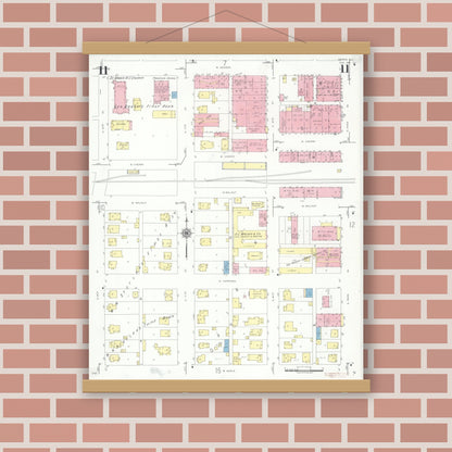 Old map wall art mockup — magnetic wood frame on brick wall — Sanborn Fire Insurance Map from Herrin, Williamson County, Illinois (1941), Sheet #0011