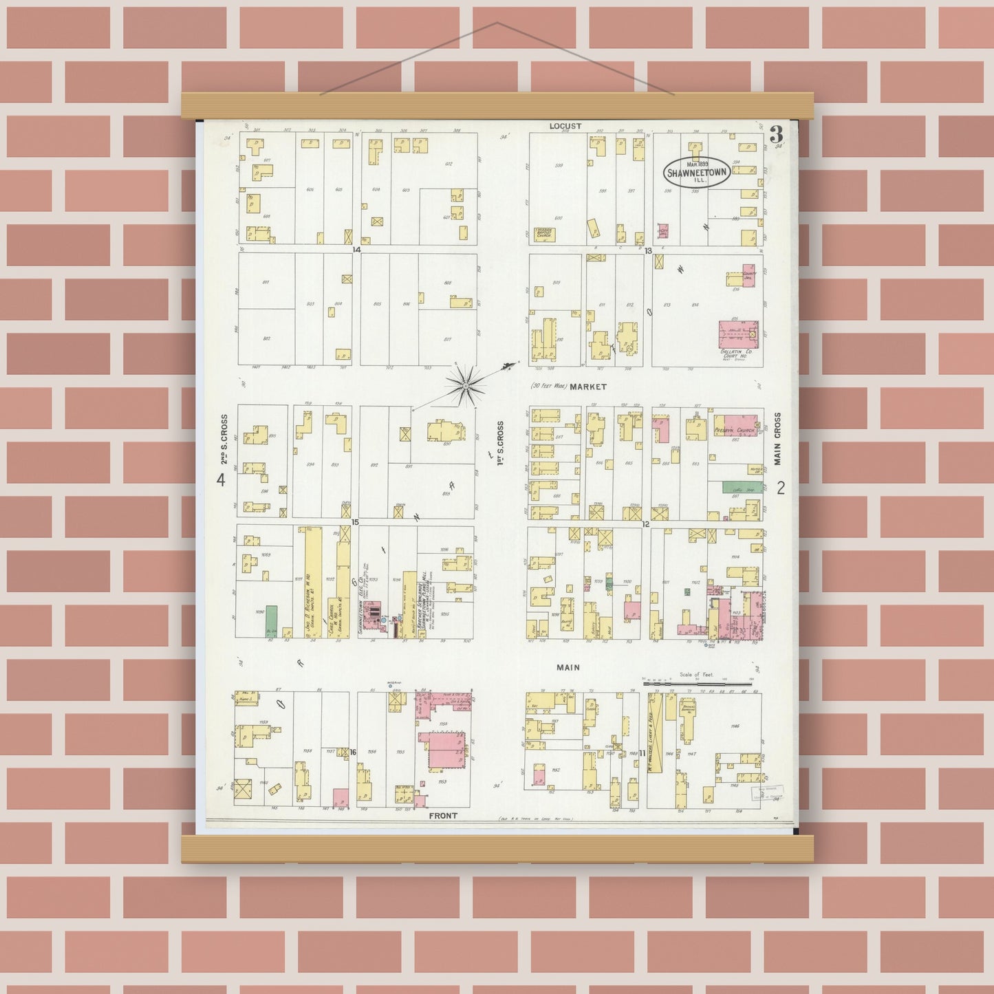 Old map wall art mockup — magnetic wood frame on brick wall — Sanborn Fire Insurance Map from Shawneetown, Gallatin County, Illinois (1899), Sheet #0003
