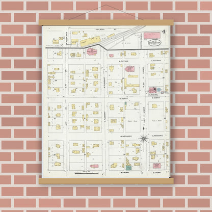 Old map wall art mockup — magnetic wood frame on brick wall — Sanborn Fire Insurance Map from Princeton, Bureau County, Illinois (1906), Sheet #0004