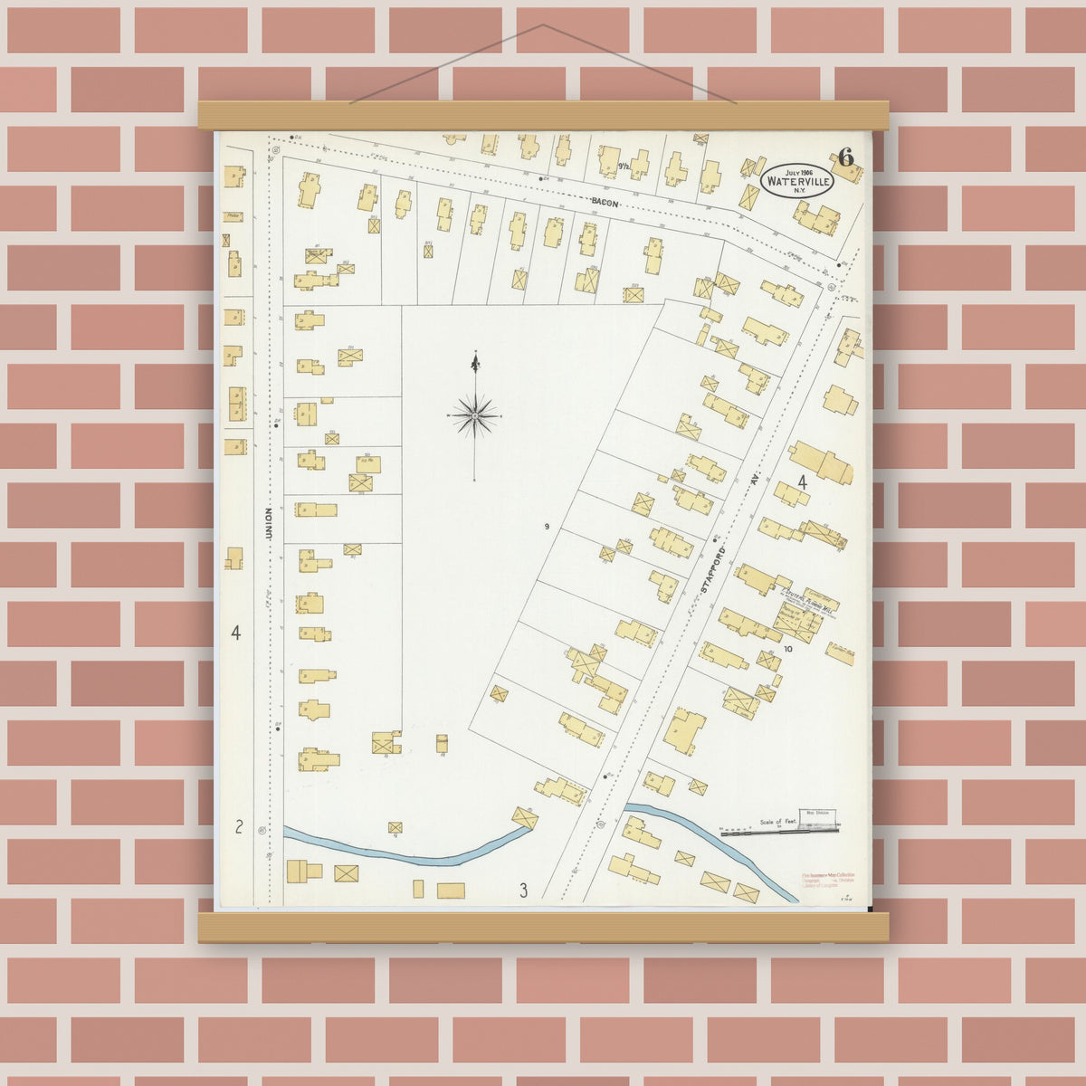 Old map wall art mockup — magnetic wood frame on brick wall — Sanborn Fire Insurance Map from Waterville, Oneida County, New York (1906), Sheet #0006