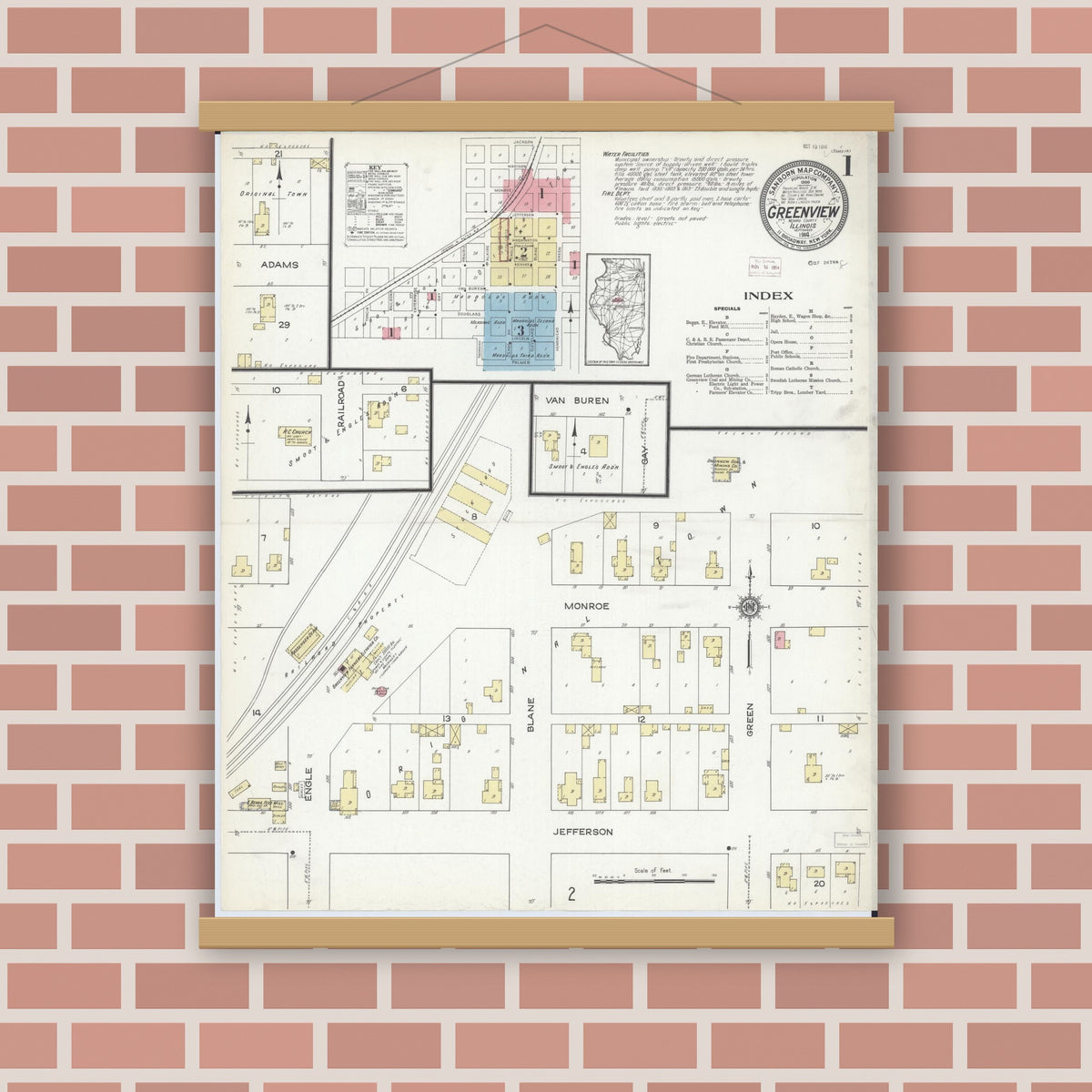 Old map wall art mockup — magnetic wood frame on brick wall — Sanborn Fire Insurance Map from Greenview, Menard County, Illinois (1914) - Complete Map Set