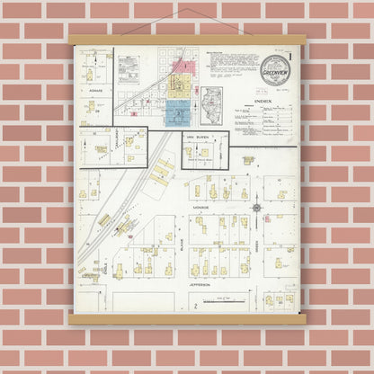 Old map wall art mockup — magnetic wood frame on brick wall — Sanborn Fire Insurance Map from Greenview, Menard County, Illinois (1914) - Complete Map Set