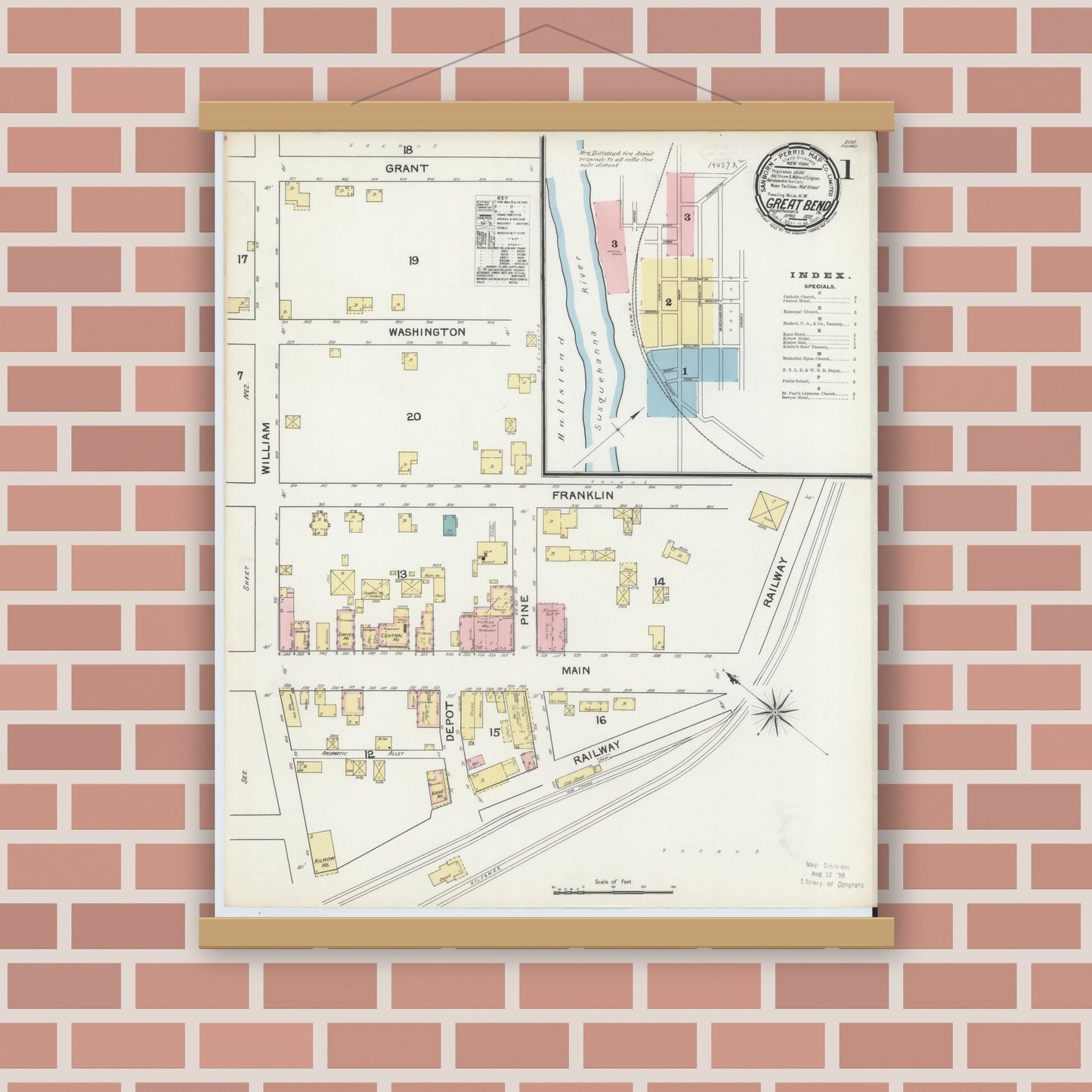 Old map wall art mockup — magnetic wood frame on brick wall — Sanborn Fire Insurance Map from Great Bend, Susquehanna County, Pennsylvania (1892) - Complete Map Set