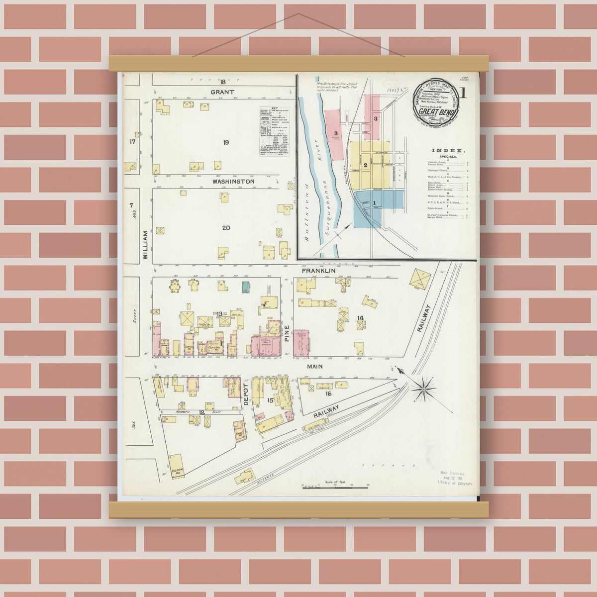 Old map wall art mockup — magnetic wood frame on brick wall — Sanborn Fire Insurance Map from Great Bend, Susquehanna County, Pennsylvania (1892) - Complete Map Set