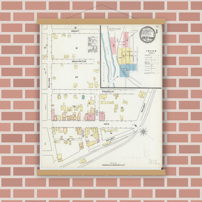 Old map wall art mockup — magnetic wood frame on brick wall — Sanborn Fire Insurance Map from Great Bend, Susquehanna County, Pennsylvania (1892) - Complete Map Set