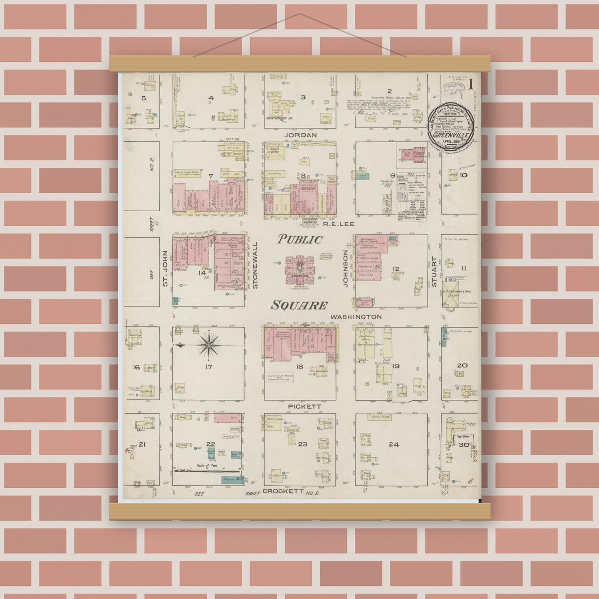 Old map wall art mockup — magnetic wood frame on brick wall — Sanborn Fire Insurance Map from Greenville, Hunt County, Texas (1885) - Complete Map Set