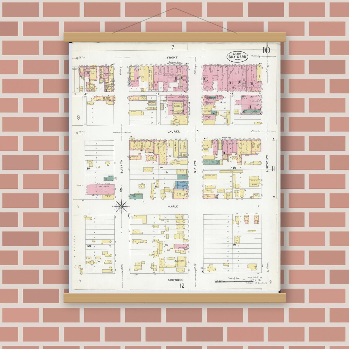 Old map wall art mockup — magnetic wood frame on brick wall — Sanborn Fire Insurance Map from Brainerd, Crow Wing County, Minnesota (1907), Sheet #0010