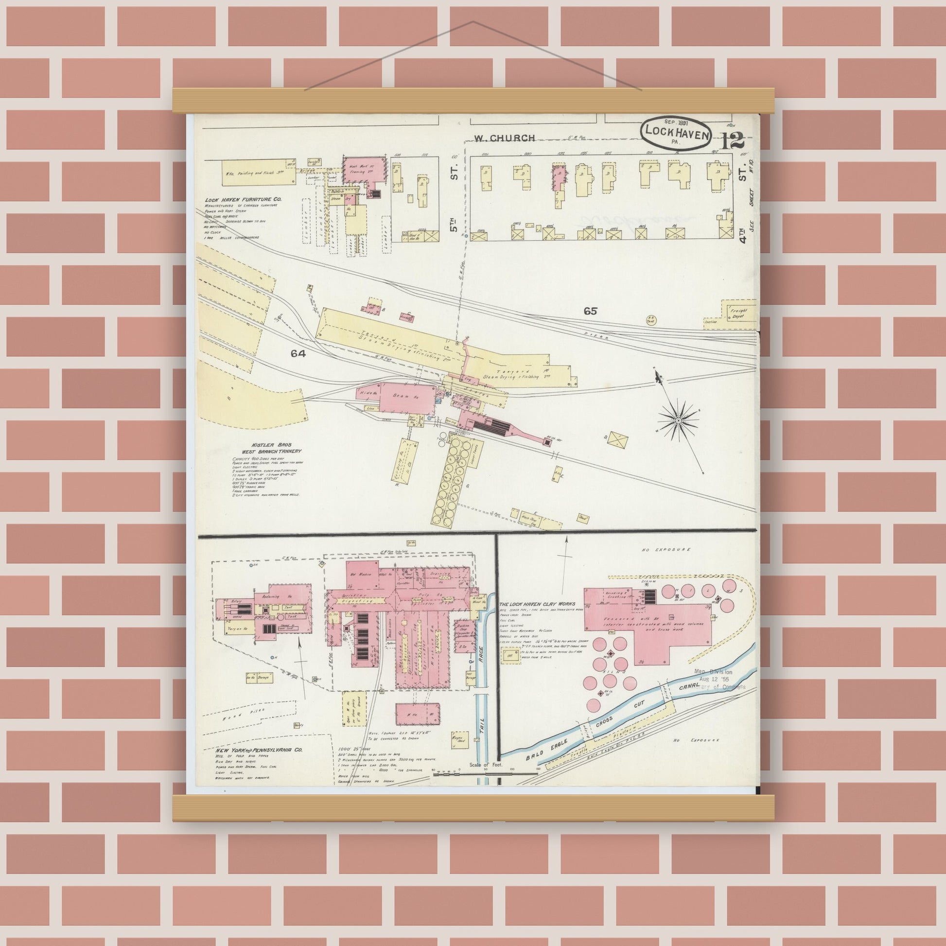 Old map wall art mockup — magnetic wood frame on brick wall — Sanborn Fire Insurance Map from Lock Haven, Clinton County, Pennsylvania (1891), Sheet #0012