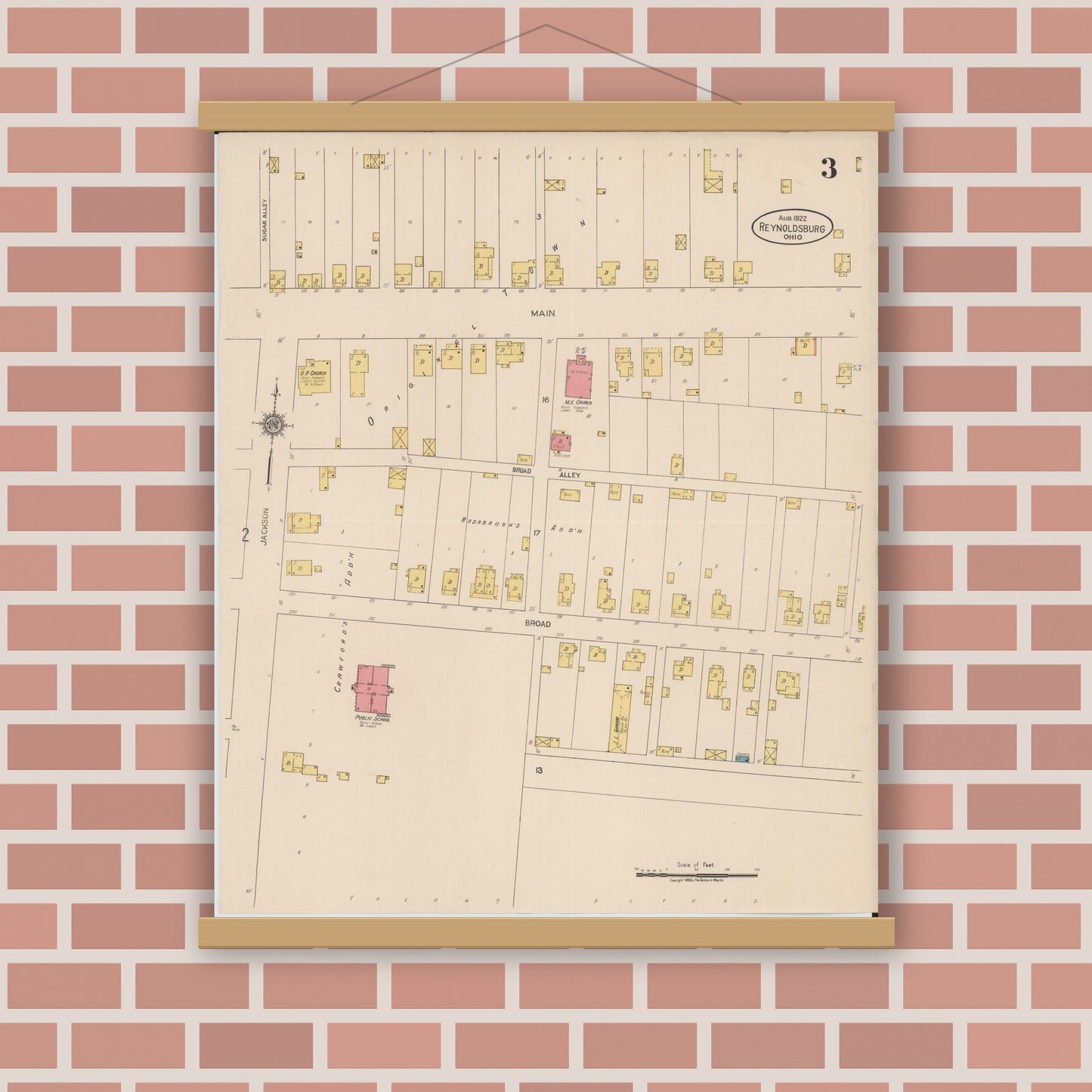 Old map wall art mockup — magnetic wood frame on brick wall — Sanborn Fire Insurance Map from Reynoldsburg, Franklin County, Ohio (1922), Sheet #0003