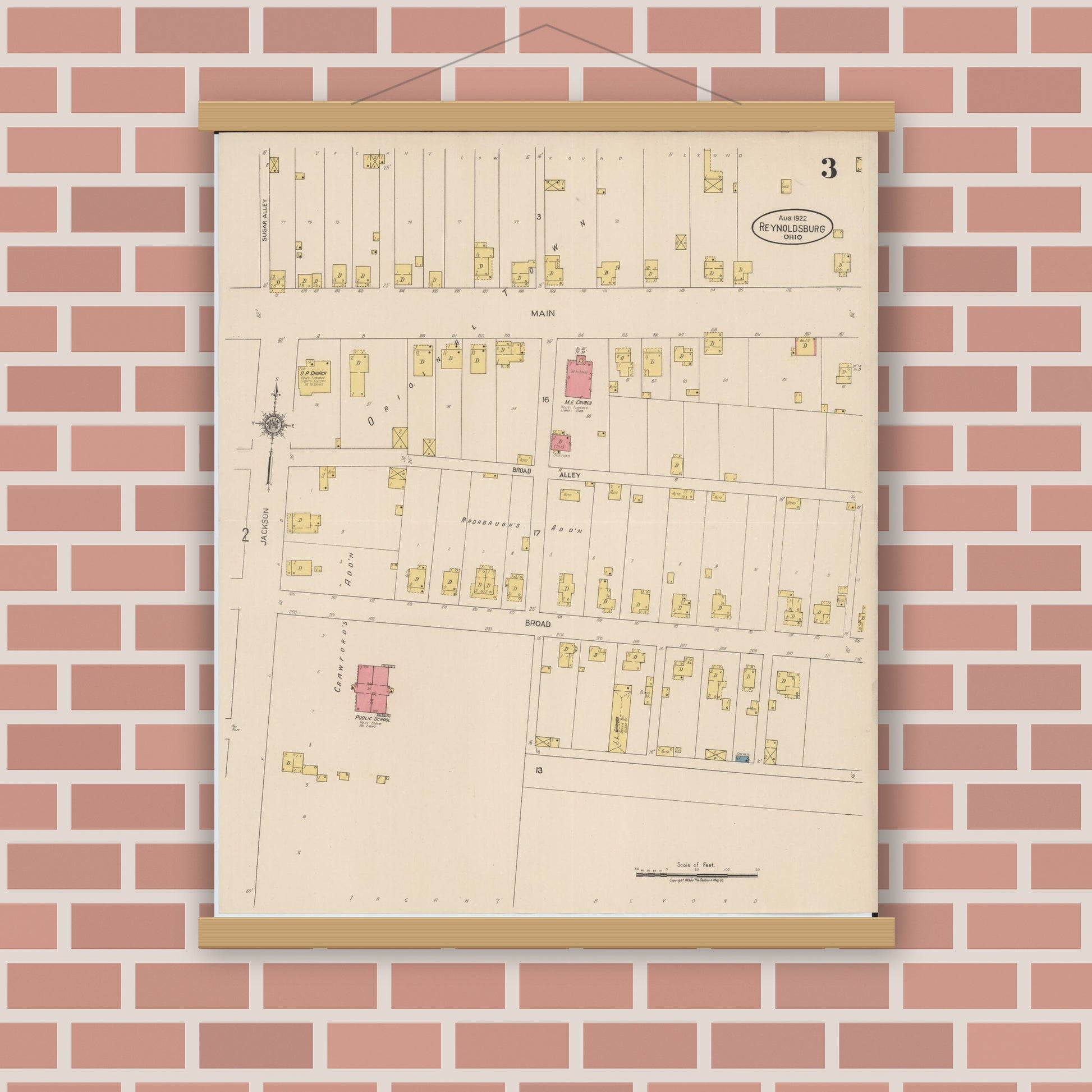 Old map wall art mockup — magnetic wood frame on brick wall — Sanborn Fire Insurance Map from Reynoldsburg, Franklin County, Ohio (1922), Sheet #0003
