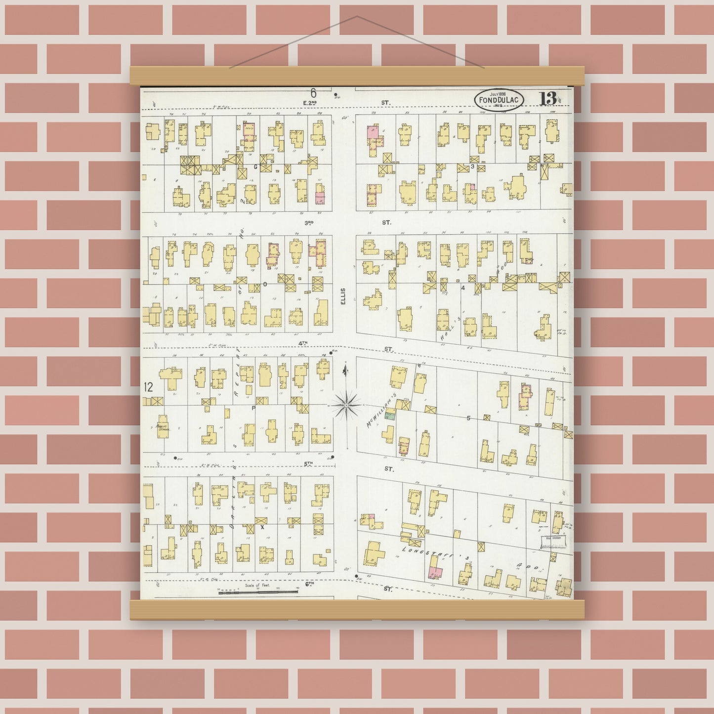 Old map wall art mockup — magnetic wood frame on brick wall — Sanborn Fire Insurance Map from Fond du Lac, Fond du Lac County, Wisconsin (1898), Sheet #0013