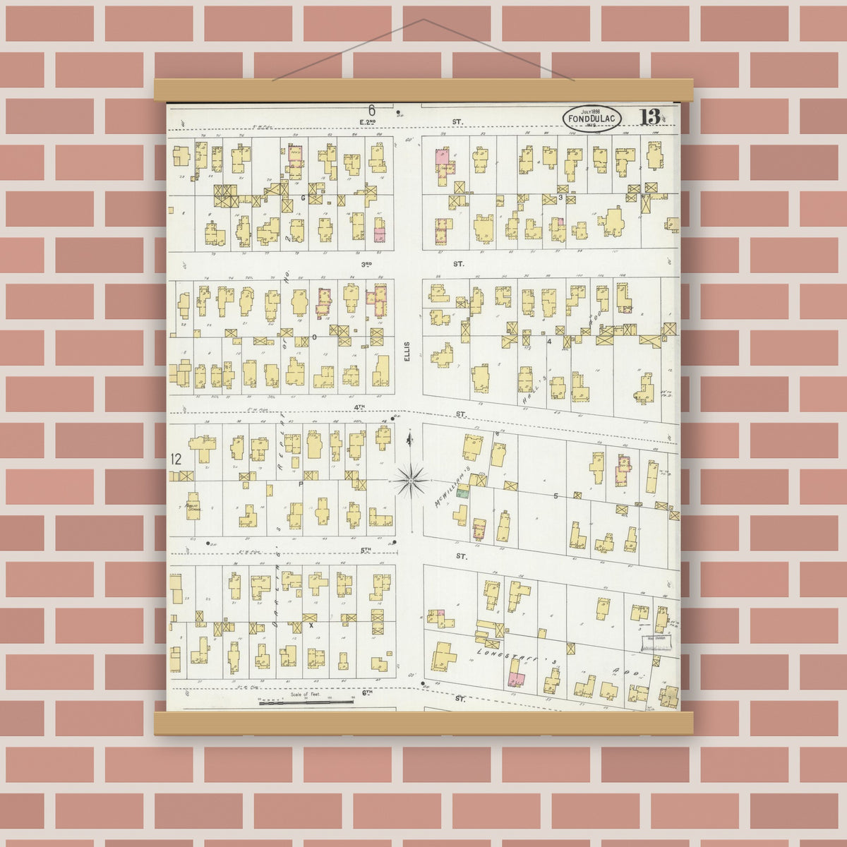 Old map wall art mockup — magnetic wood frame on brick wall — Sanborn Fire Insurance Map from Fond du Lac, Fond du Lac County, Wisconsin (1898), Sheet #0013