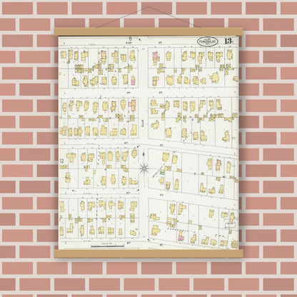 Old map wall art mockup — magnetic wood frame on brick wall — Sanborn Fire Insurance Map from Fond du Lac, Fond du Lac County, Wisconsin (1898), Sheet #0013