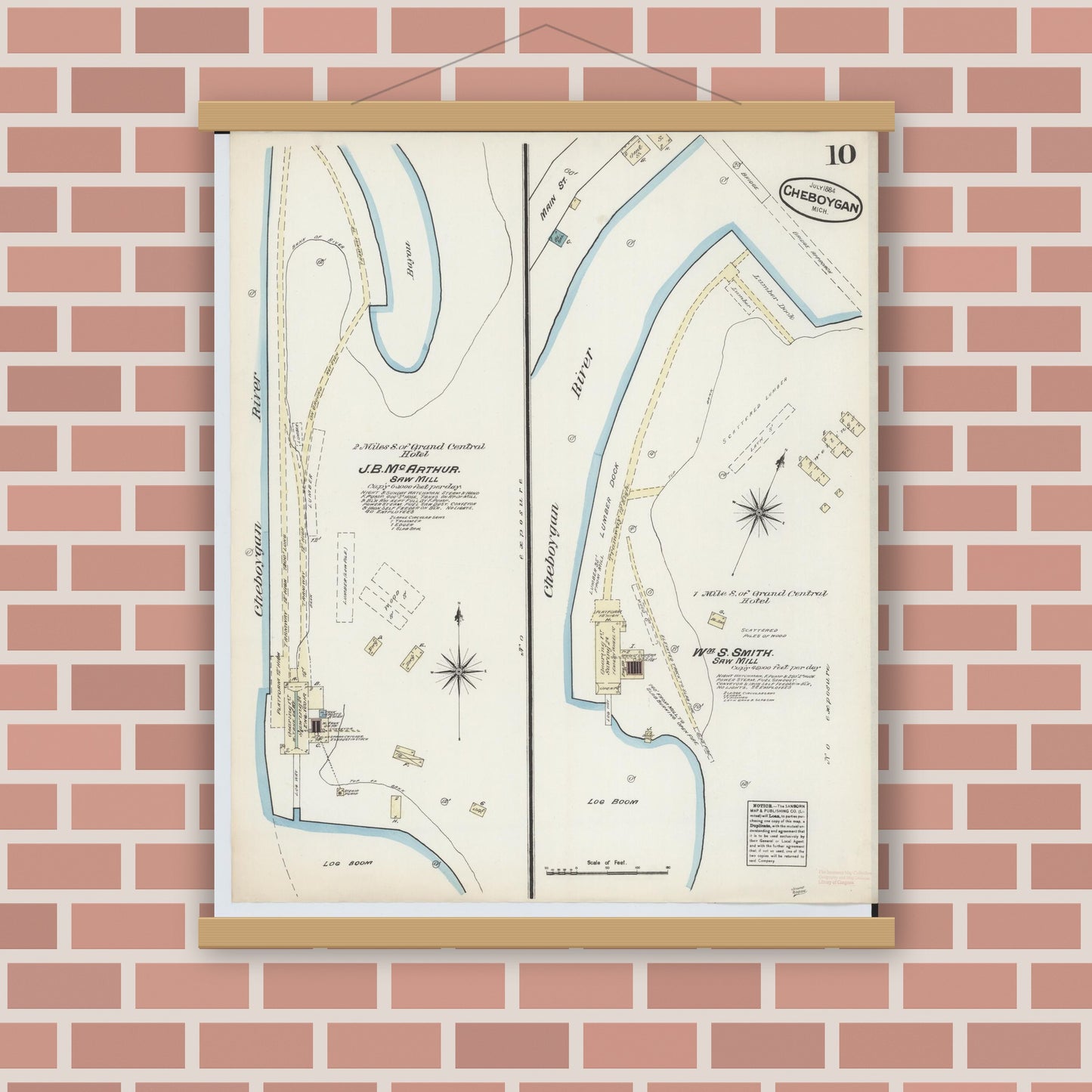 Old map wall art mockup — magnetic wood frame on brick wall — Sanborn Fire Insurance Map from Cheboygan, Cheboygan County, Michigan (1884), Sheet #0010
