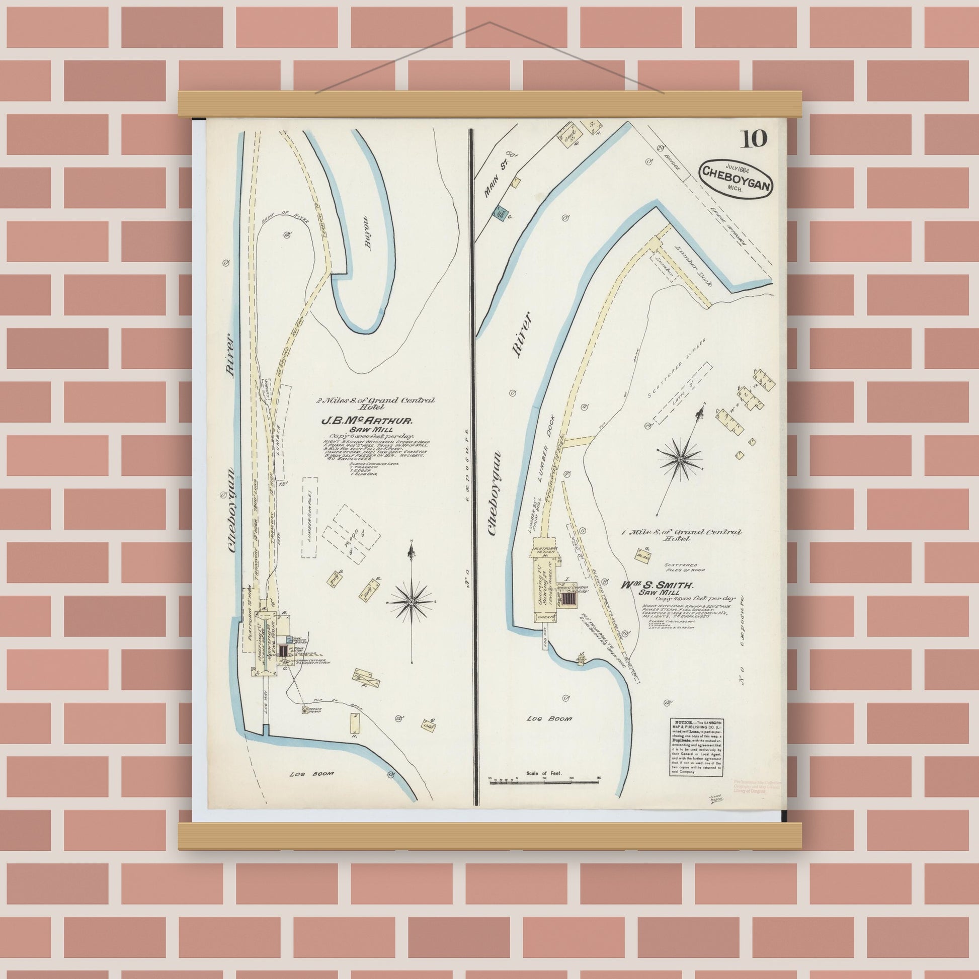 Old map wall art mockup — magnetic wood frame on brick wall — Sanborn Fire Insurance Map from Cheboygan, Cheboygan County, Michigan (1884), Sheet #0010