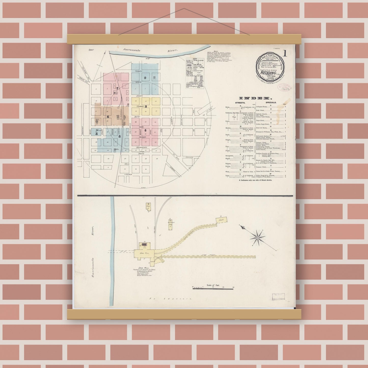 Old map wall art mockup — magnetic wood frame on brick wall — Sanborn Fire Insurance Map from Redding, Shasta County, California (1889) - Complete Map Set