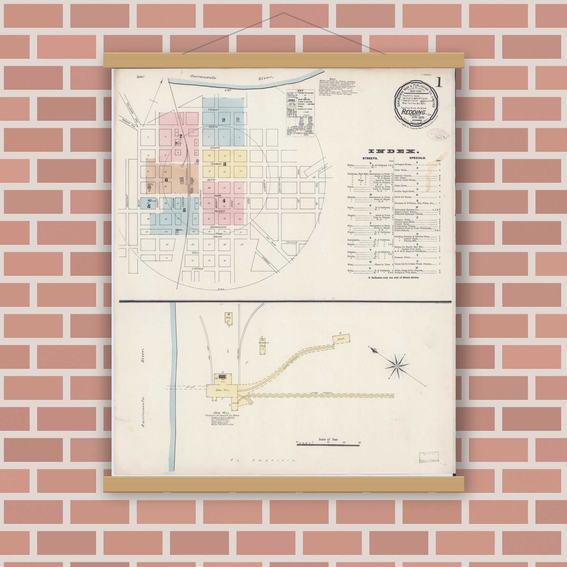 Old map wall art mockup — magnetic wood frame on brick wall — Sanborn Fire Insurance Map from Redding, Shasta County, California (1889) - Complete Map Set