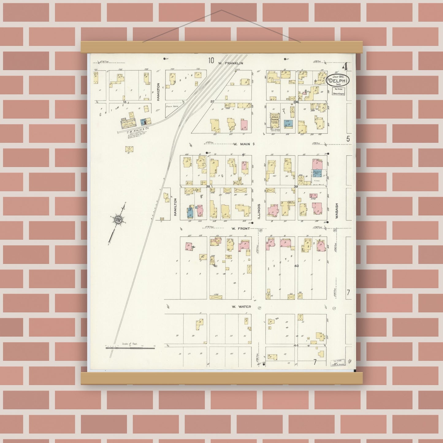 Old map wall art mockup — magnetic wood frame on brick wall — Sanborn Fire Insurance Map from Delphi, Carroll County, Indiana (1912), Sheet #0004