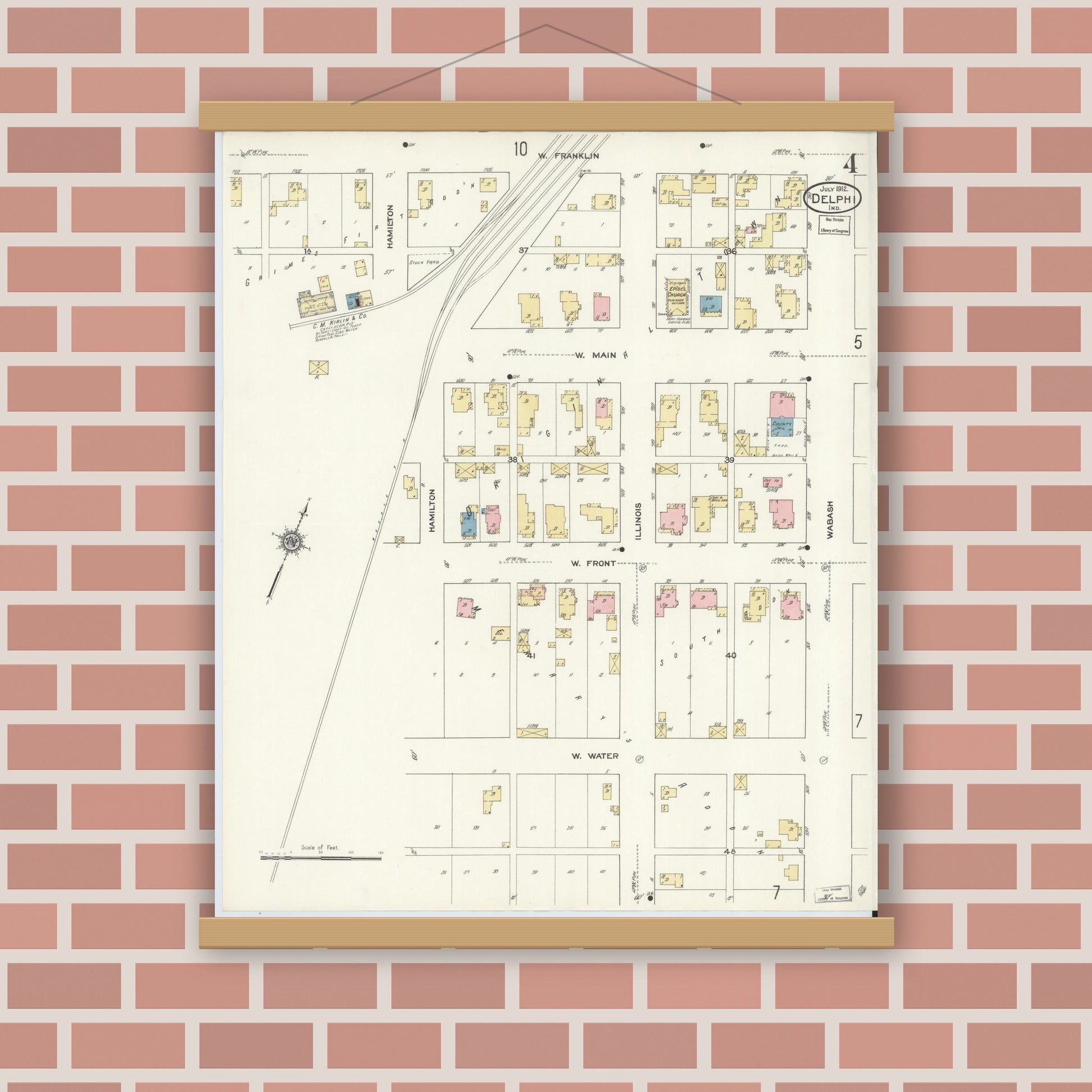 Old map wall art mockup — magnetic wood frame on brick wall — Sanborn Fire Insurance Map from Delphi, Carroll County, Indiana (1912), Sheet #0004