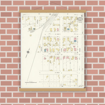 Old map wall art mockup — magnetic wood frame on brick wall — Sanborn Fire Insurance Map from Delphi, Carroll County, Indiana (1912), Sheet #0004