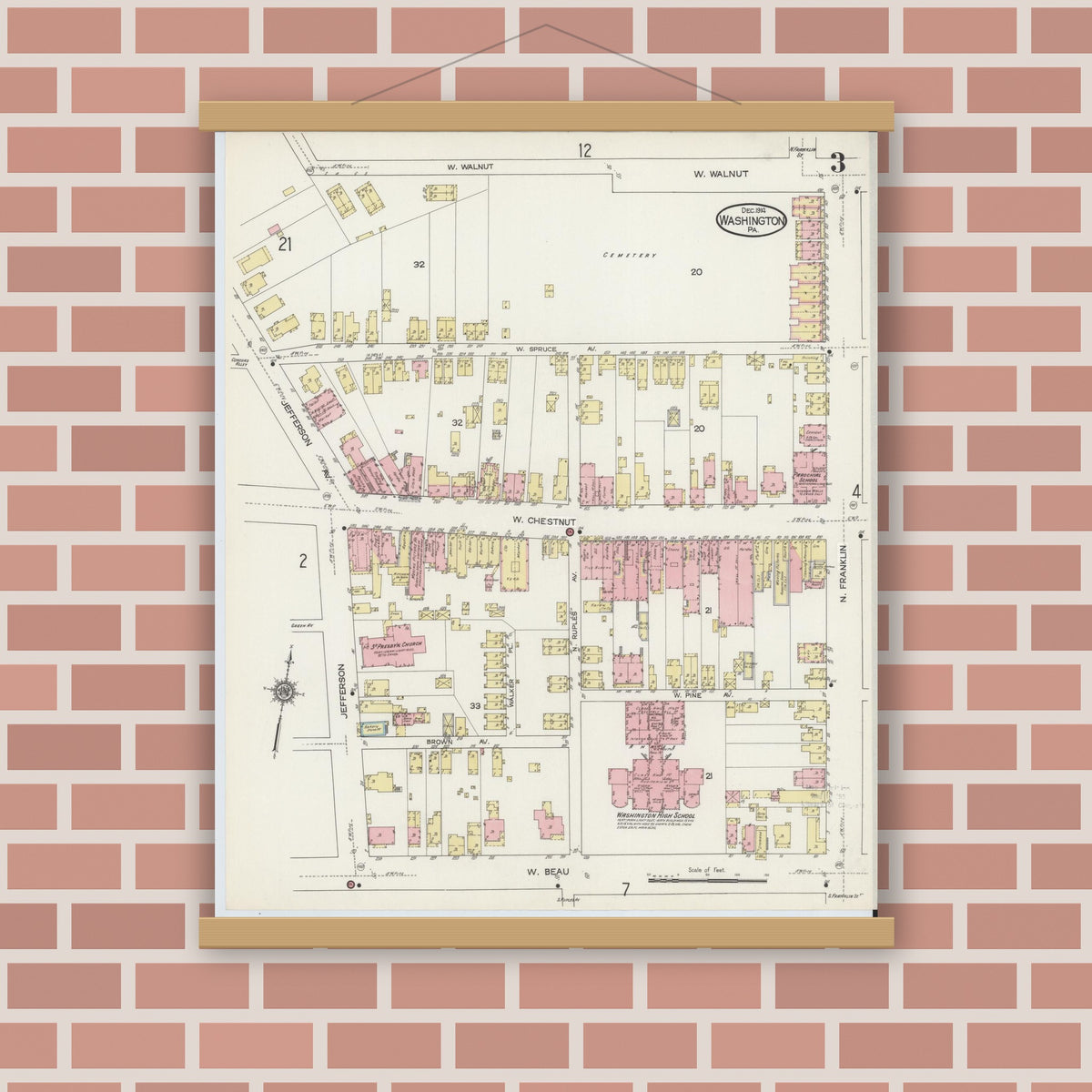 Old map wall art mockup — magnetic wood frame on brick wall — Sanborn Fire Insurance Map from Washington, Washington County, Pennsylvania (1914), Sheet #0003
