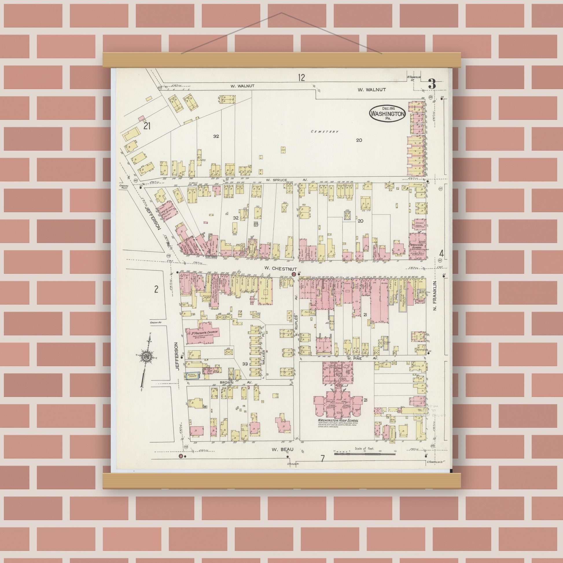 Old map wall art mockup — magnetic wood frame on brick wall — Sanborn Fire Insurance Map from Washington, Washington County, Pennsylvania (1914), Sheet #0003