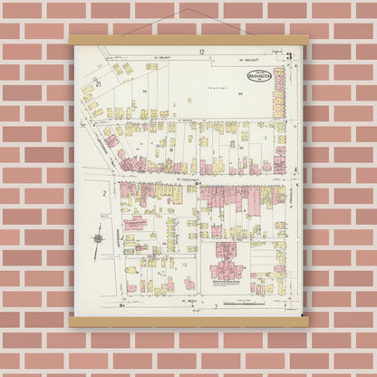 Old map wall art mockup — magnetic wood frame on brick wall — Sanborn Fire Insurance Map from Washington, Washington County, Pennsylvania (1914), Sheet #0003
