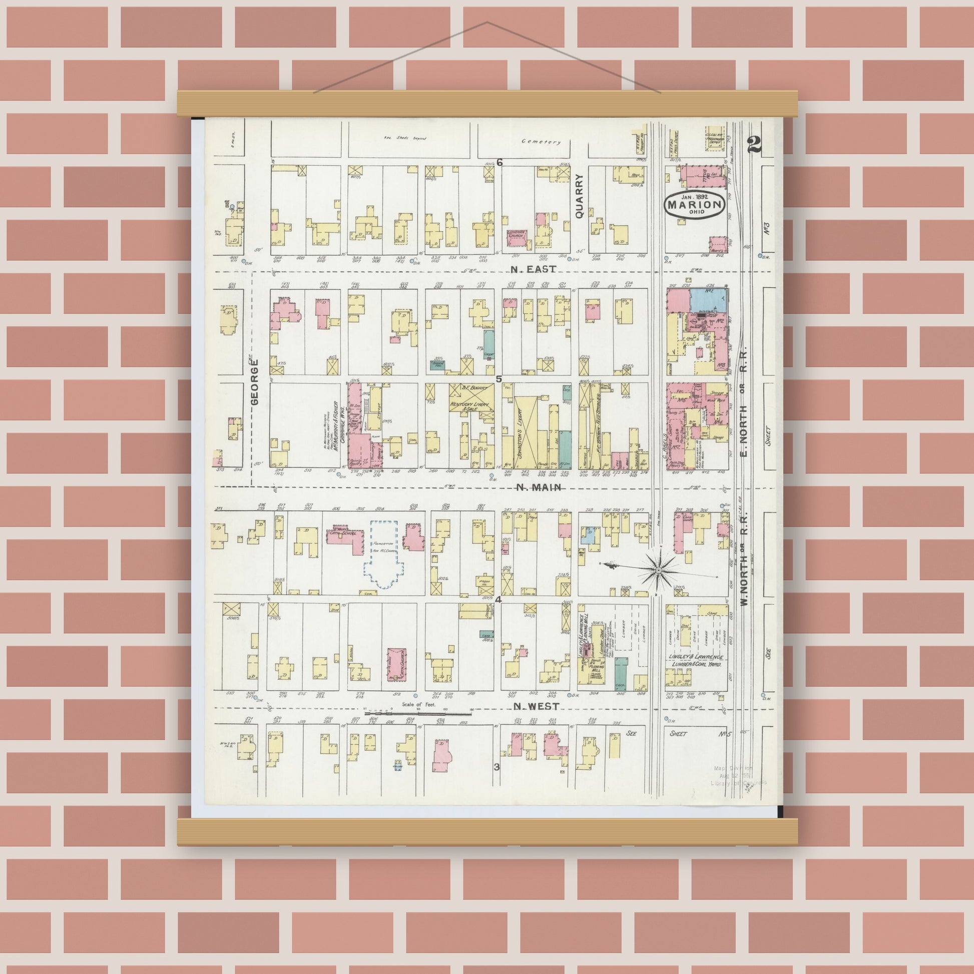 Old map wall art mockup — magnetic wood frame on brick wall — Sanborn Fire Insurance Map from Marion, Marion County, Ohio (1892), Sheet #0002